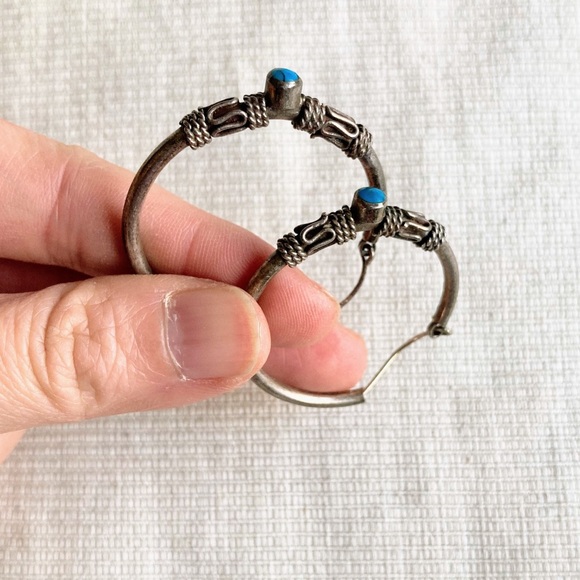 Vintage Large Turquoise Sterling Silver 925 Bali Style Inlay Hoop Post Earrings - Picture 7 of 16